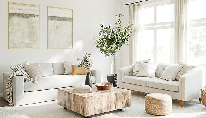 salon blanco con mesa de madera