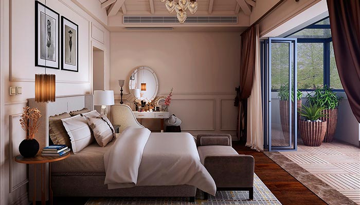 La chambre est décorée aux couleurs de l'automne