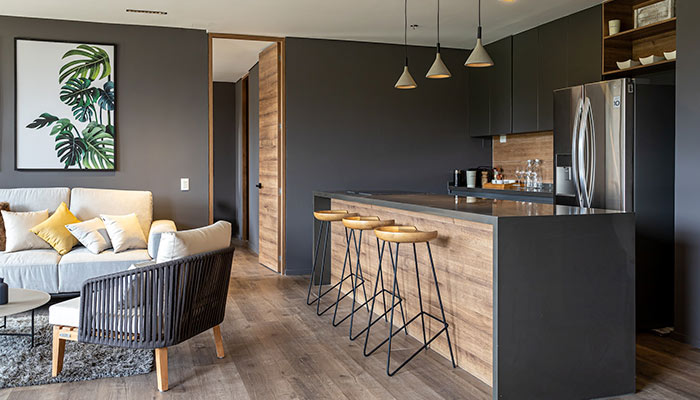 Intérieur noir et bois dans la cuisine