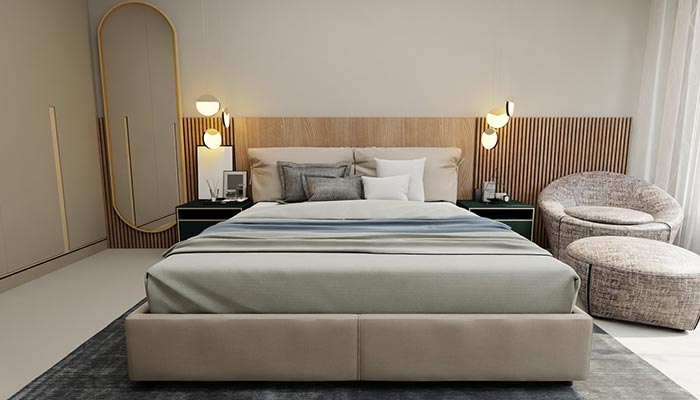 Une tête de lit en bois clair dans la chambre