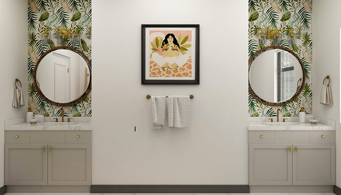 Une salle de bain avec des murs tapissés