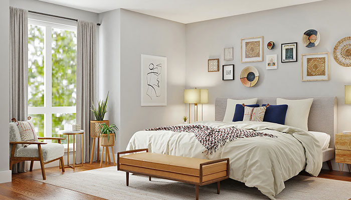 Chambre blanche et bois avec couleurs