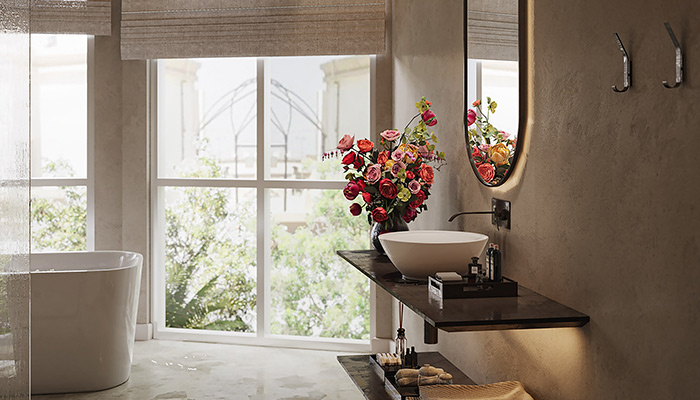 Une salle de bain avec un lavabo blanc
