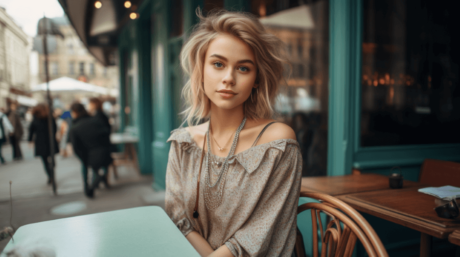 femme en vêtements décontractés au déjeuner