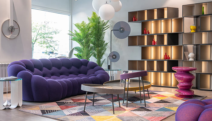 Dans le salon il y a un canapé violet et un tapis coloré