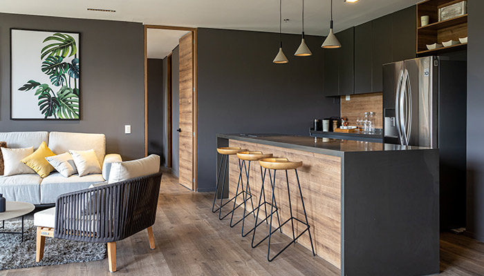 Cuisine intégrée moderne en noir et bois