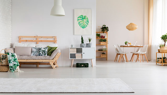 Le salon est décoré en blanc et bois