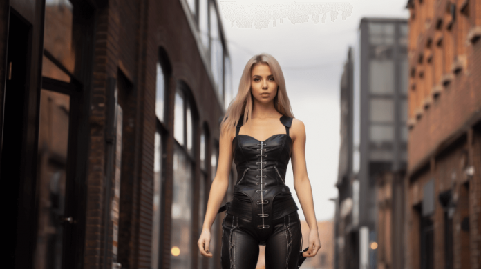 woman wearing a faux leather corset as outerwear