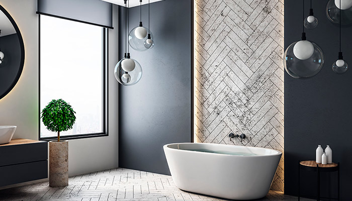 Salle de bain avec revêtement noir et gris