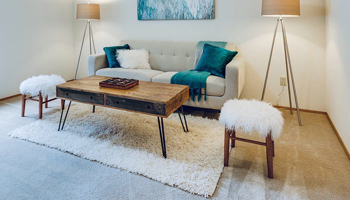 Le salon est décoré d'un tapis à poils longs blanc