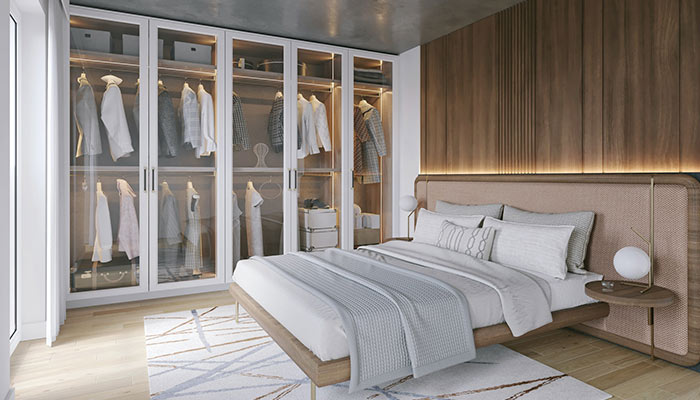 Chambre avec armoire à portes transparentes
