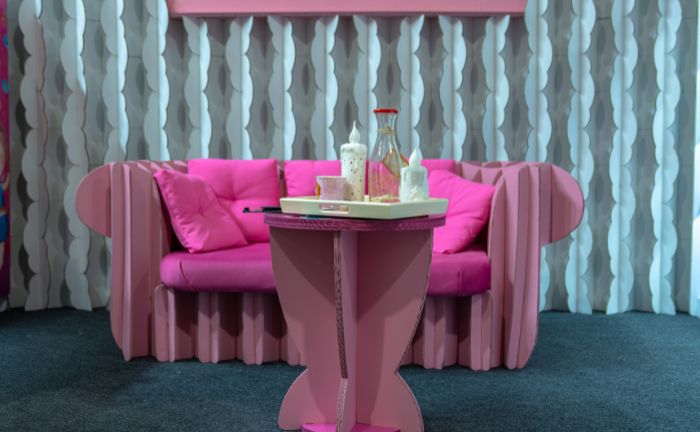 Meubles et textiles roses dans le salon
