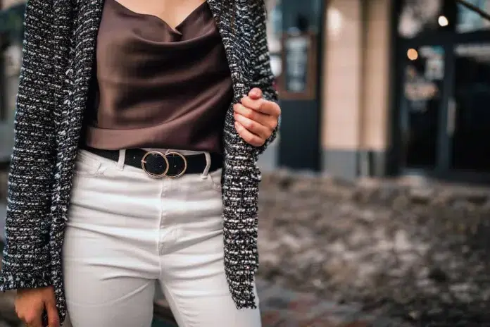 Woman wearing belt as key piece of outfit