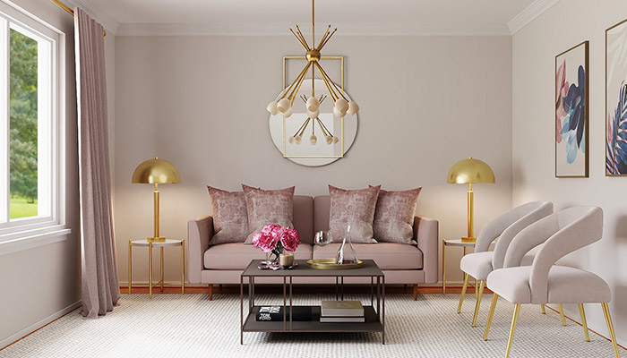 Salon avec lampes dorées